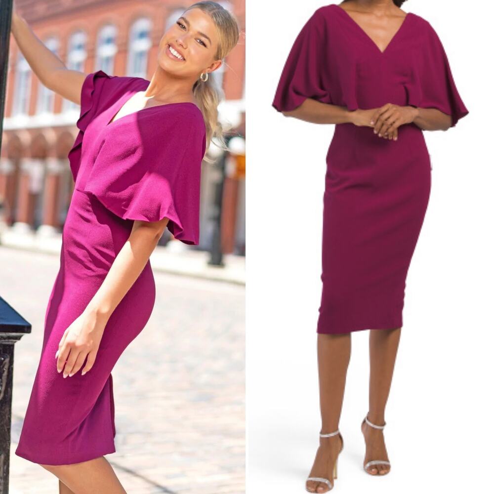 NWT Dress the Population Louisa V Neck Flutter Sleeve Midi Dress Magenta Medium